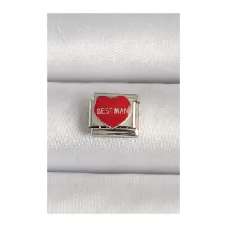 316L Çelik Gümüş Renk 'Best Man' Yazılı Kırmızı Kalp İşlemeli Nomination Charm