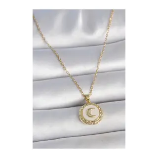 316L Çelik Gold Renk Zincir Beyaz Mineli Hilal İşlemeli Madalyon Model Kadın Kolye