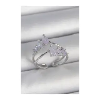Pirinç Gümüş Renk Mor Damla Zirkon Taşlı Taç Model Kadın Yüzük