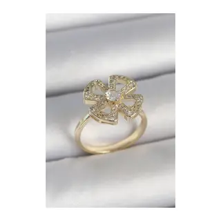 Pirinç Gold Renk Zirkon Taşlı Yonca Model Ayarlanabilir Kadın Yüzük