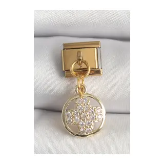 316L Çelik Gold Renk Sallantı Zirkon Taşlı Yonca Model Nomination Charm
