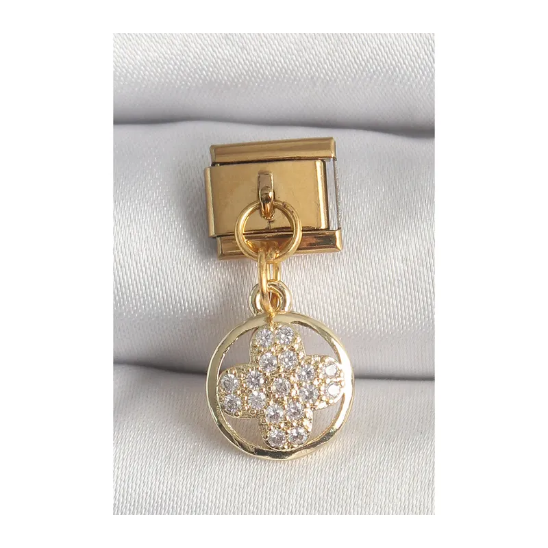 316L Çelik Gold Renk Sallantı Zirkon Taşlı Yonca Model Nomination Charm