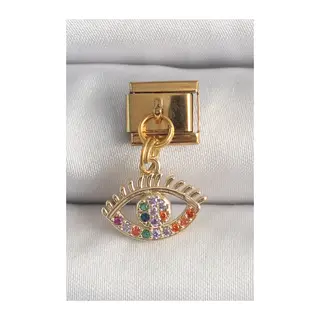 316L Çelik Gold Renk Sallantı Renkli Zirkon Taşlı Göz Model Nomination Charm