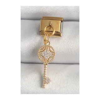 316L Çelik Gold Renk Sallantı Zirkon Taşlı Anahtar Model Nomination Charm