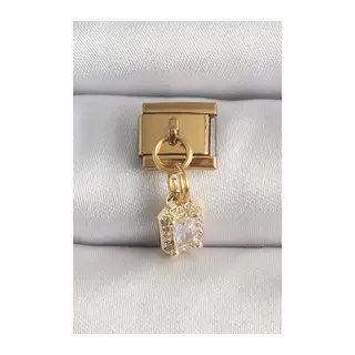 316L Çelik Gold Renk Sallantı Zirkon Taşlı Kare Model Nomination Charm