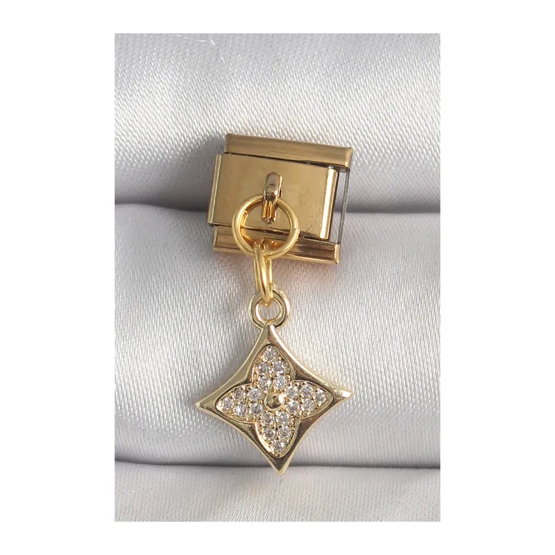 316L Çelik Gold Renk Sallantı Zirkon Taşlı Çiçek İşlemeli Nomination Charm