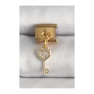 316L Çelik Gold Renk Sallantı Zirkon Taşlı Kalpli Anahtar Model Nomination Charm
