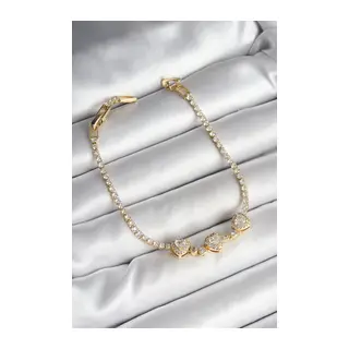 Pirinç Sıralı Kalp Figürlü Zirkon Taşlı Gold Renk Kadın Bileklik