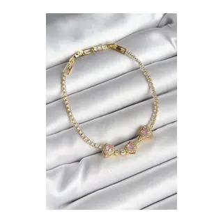 Pirinç Sıralı Pembe Kalp Figürlü Zirkon Taşlı Gold Renk Kadın Bileklik