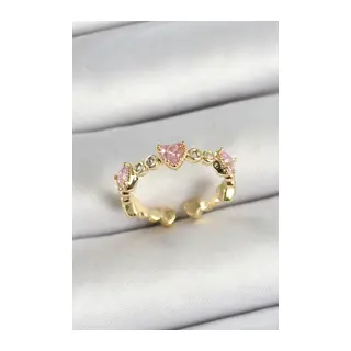 Pirinç Sıralı Kalp Figürlü Zirkon Taşlı Gold Renk Ayarlanabilir Kadın Yüzük