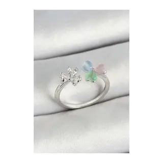 Pirinç Kalp Figürlü Zirkon Taşlı Gümüş Renk Ayarlanabilir Kadın Yüzük