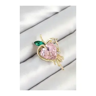 Pembe Ve Yeşil Zirkon Taşlı 3D Eriyen Kalp Figürlü Gold Renk Kadın Broş