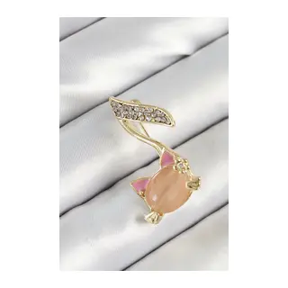 Zirkon Taşlı 3D Kedi Detaylı Nota Figürlü Gold Renk Kadın Broş