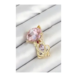 Pembe Zirkon Taşlı Kap Detaylı Kedi Figürlü Gold Renk Kadın Broş