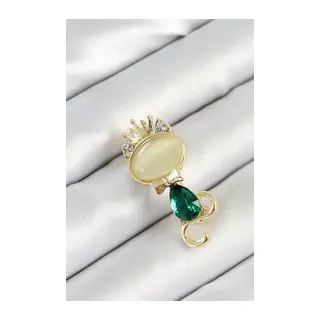 Yeşil Damla Zirkon Taşlı Kraliçe Taçlı Kedi Figürlü Gold Renk Kadın Broş