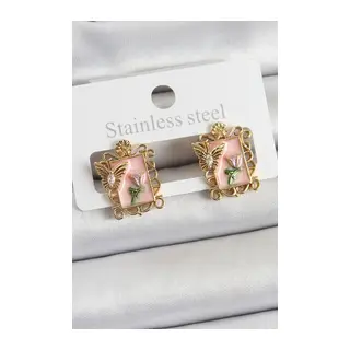 Pirinç Pembe Mineli Sanatsal Portre Model Gold Renk Kadın Küpe