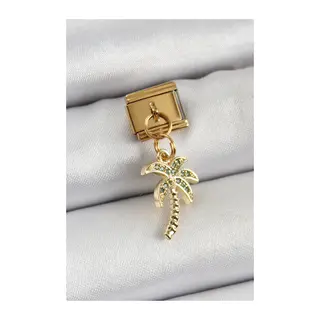 316L Çelik Sallantılı Zirkon Taşlı Palmiye Ağacı Model Gold Renk Nomination Charm