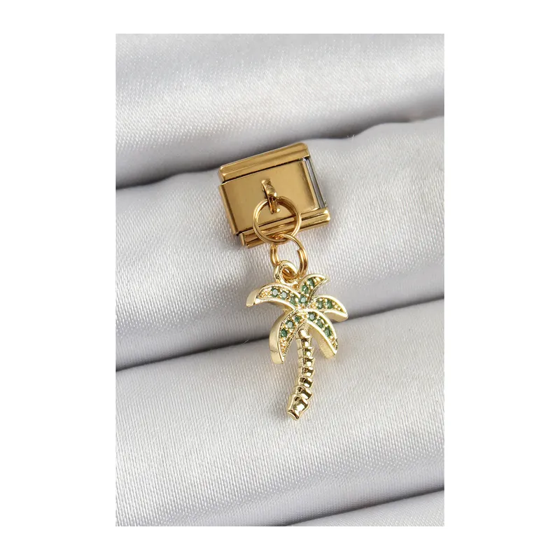 316L Çelik Sallantılı Zirkon Taşlı Palmiye Ağacı Model Gold Renk Nomination Charm