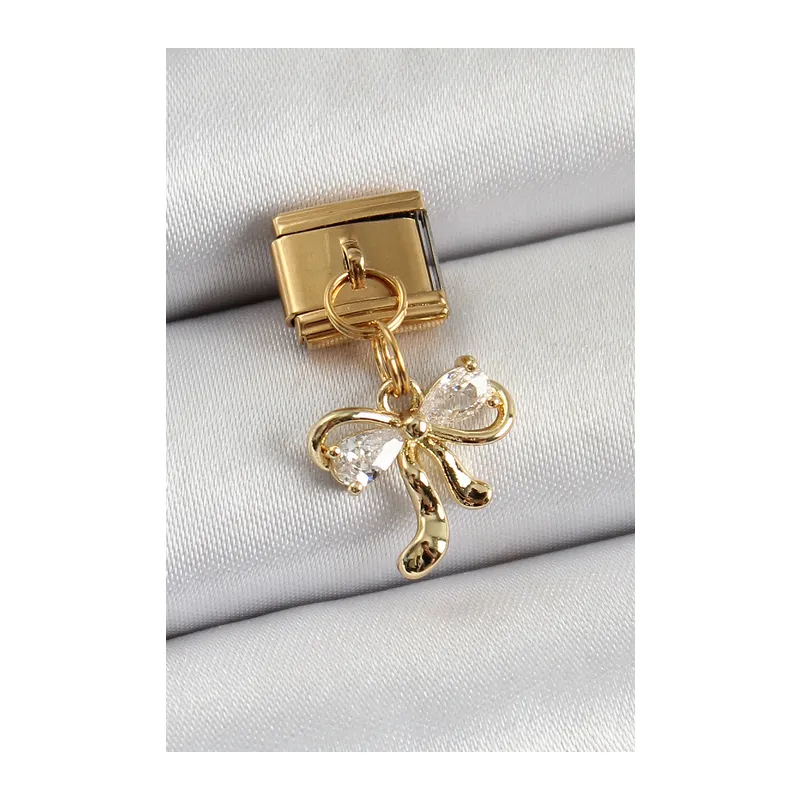 316L Çelik Sallantılı Zirkon Taşlı Fiyonk Model Gold Renk Nomination Charm