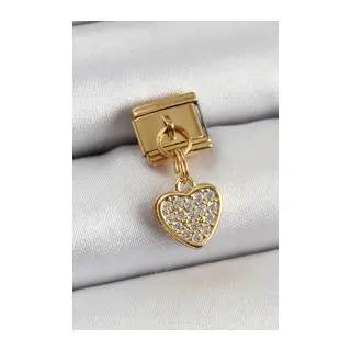 316L Çelik Sallantılı Zirkon Taşlı Kalp Model Gold Renk Nomination Charm