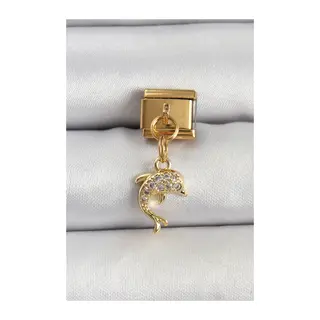 316L Çelik Sallantılı Zirkon Taşlı Yunus Balığı Model Gold Renk Nomination Charm