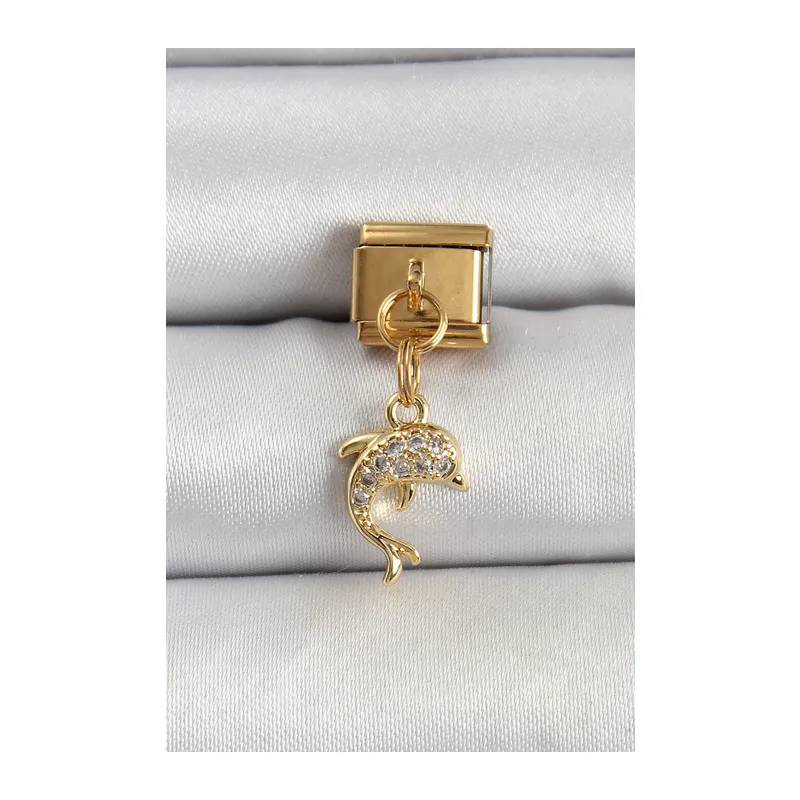 316L Çelik Sallantılı Zirkon Taşlı Yunus Balığı Model Gold Renk Nomination Charm