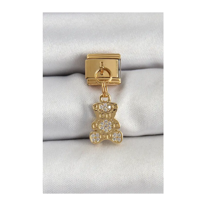 316L Çelik Sallantılı Zirkon Taşlı Ayıcık Model Gold Renk Nomination Charm