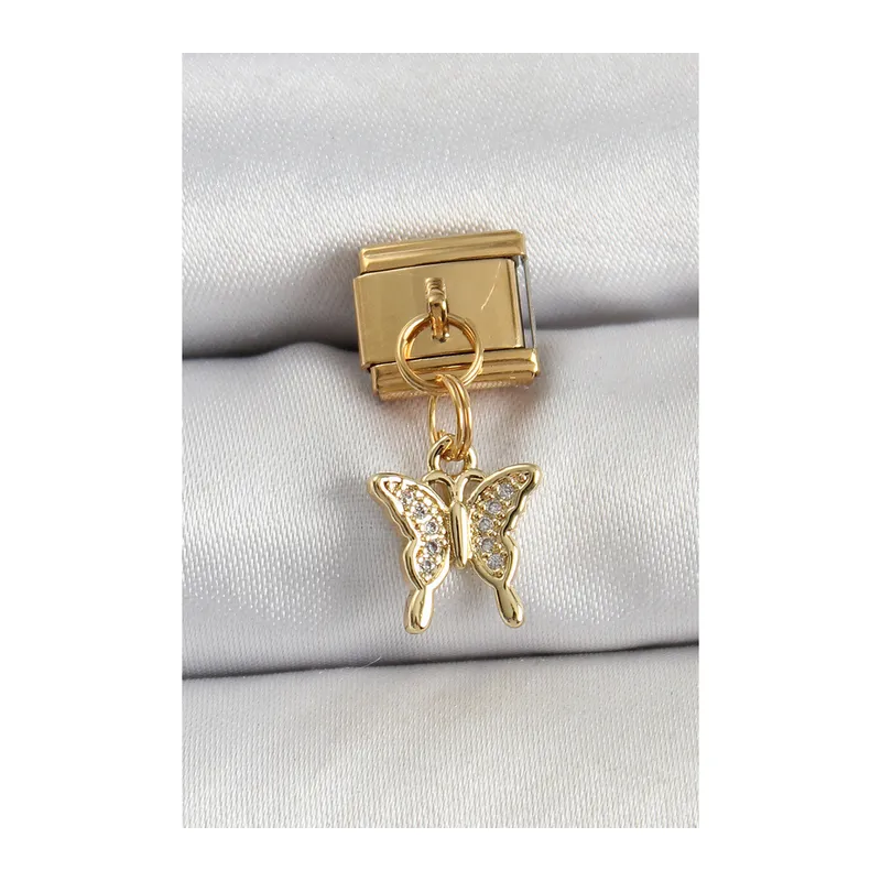 316L Çelik Sallantılı Zirkon Taşlı Kelebek Model Gold Renk Nomination Charm