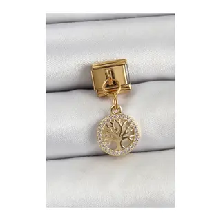 316L Çelik Sallantılı Zirkon Taşlı Hayat Ağacı Model Gold Renk Nomination Charm