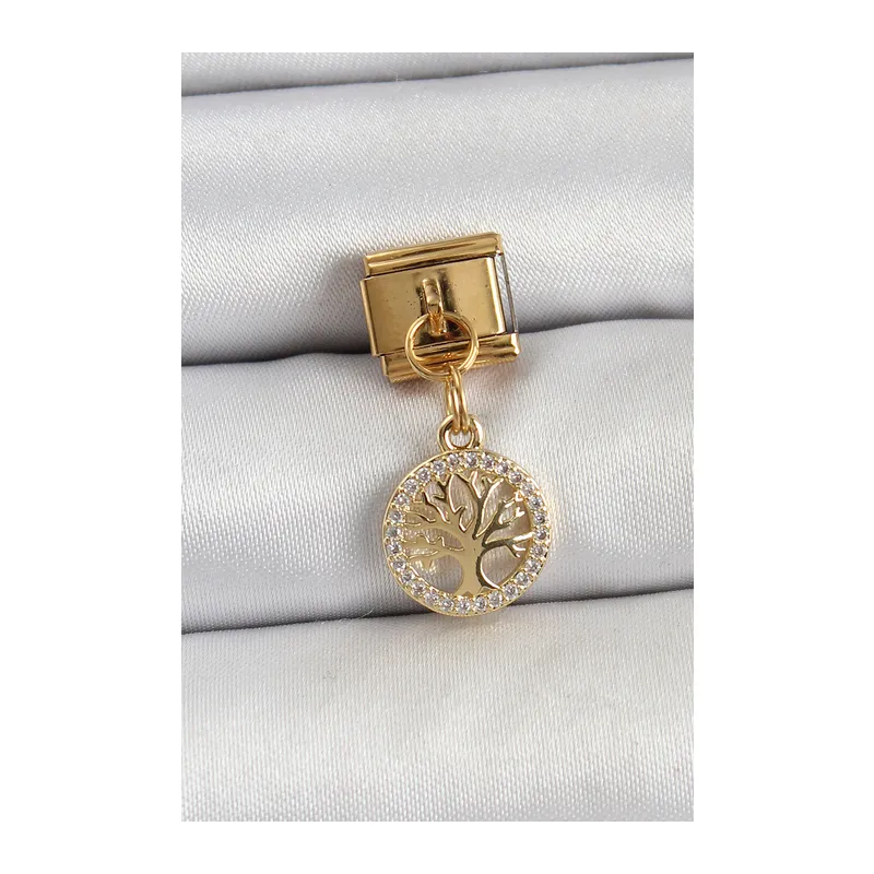 316L Çelik Sallantılı Zirkon Taşlı Hayat Ağacı Model Gold Renk Nomination Charm