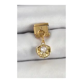 316L Çelik Sallantılı Zirkon Taşlı İstiridye Model Gold Renk Nomination Charm