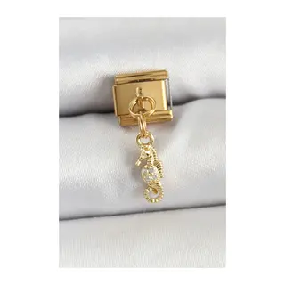 316L Çelik Sallantılı Zirkon Taşlı Deniz Atı Model Gold Renk Nomination Charm