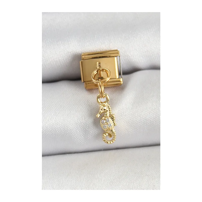 316L Çelik Sallantılı Zirkon Taşlı Deniz Atı Model Gold Renk Nomination Charm