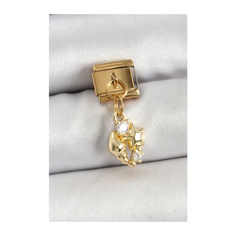 316L Çelik Sallantılı Zirkon Taşlı Deniz Kabuğu Ve Yıldız Model Gold Renk Nomination Charm