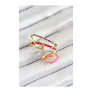Pirinç Zirkon Taşlı Kırmızı Turuncu Pembe Sıkıştırma Sağ Kıkırdak Gold Renk Kadın Küpe