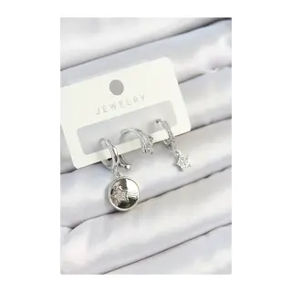 Pirinç Zirkon Taşlı Sallantılı Yıldız Model Gümüş Renk 3'lü Çift Kadın Küpe Set