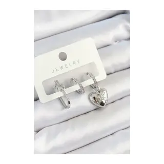Pirinç Zirkon Taşlı Kalp Model Gümüş Renk 3'lü Çift Kadın Küpe Set
