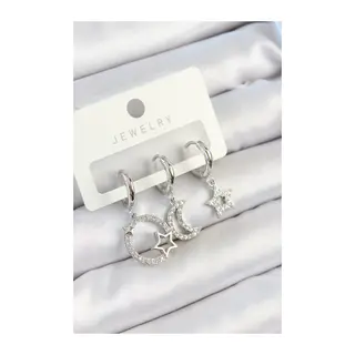 Pirinç Zirkon Taşlı Ay Ve Yıldız Model Gümüş Renk 3'lü Çift Kadın Küpe Set