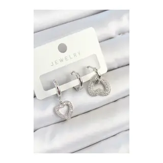 Pirinç Zirkon Taşlı Kalp Model Gümüş Renk 3'lü Çift Kadın Küpe Set
