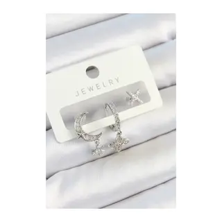 Pirinç Zirkon Taşlı Çiçek Ve Ay Model Gümüş Renk 3'lü Çift Kadın Küpe Set