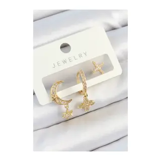 Pirinç Zirkon Taşlı Çiçek Ve Ay Model Gold Renk 3'lü Çift Kadın Küpe Set