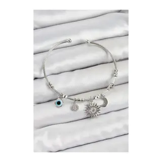 Pirinç Zirkon Taşlı Güneş Ay Ve Nazar Model Gümüş Renk Charm Bileklik