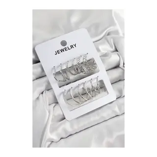 Pirinç Karışık Halka Model Gümüş Renk 6 Çift Kadın Küpe Set