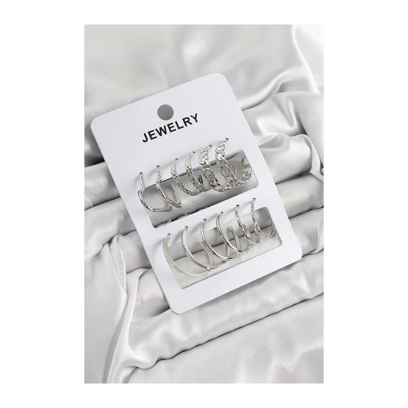 Pirinç Karışık Halka Model Gümüş Renk 6 Çift Kadın Küpe Set