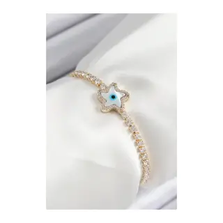Pirinç Zirkon Taşlı Nazar Yıldız Model Gold Renk Asansörlü Kadın Bileklik