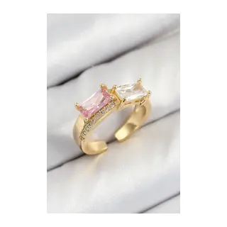 Pirinç Zirkon Taşlı Dikdörtgen Model Gold Renk Kadın Yüzük