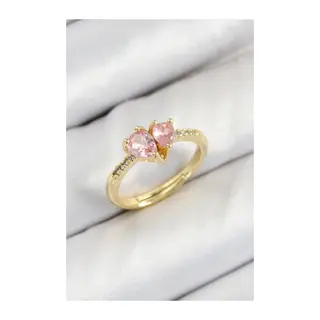 Pirinç Zirkon Taşlı Pembe Kalp Model Gold Renk Kadın Yüzük