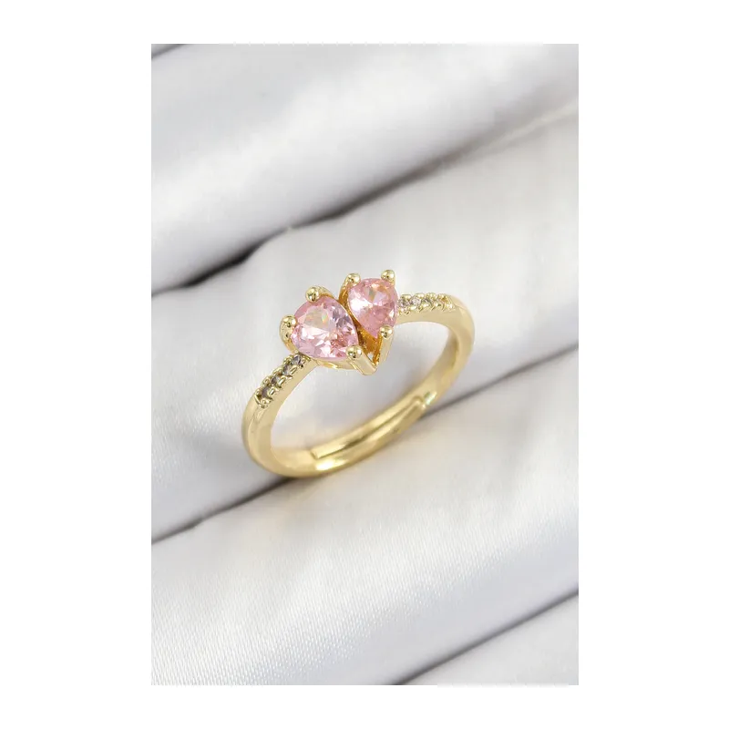 Pirinç Zirkon Taşlı Pembe Kalp Model Gold Renk Kadın Yüzük