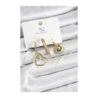 Pirinç Zİrkon Taşlı Kalp Model Gold Renk 3'lü Kadın Küpe