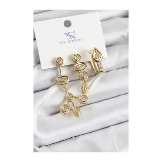 Pirinç Zİrkon Taşlı Geometrik Model Gold Renk 3'lü Kadın Küpe
